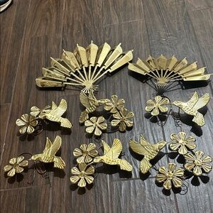 Vintage Home Interiors Gold Hummingbird and Flower Wall and Fan Decor Set